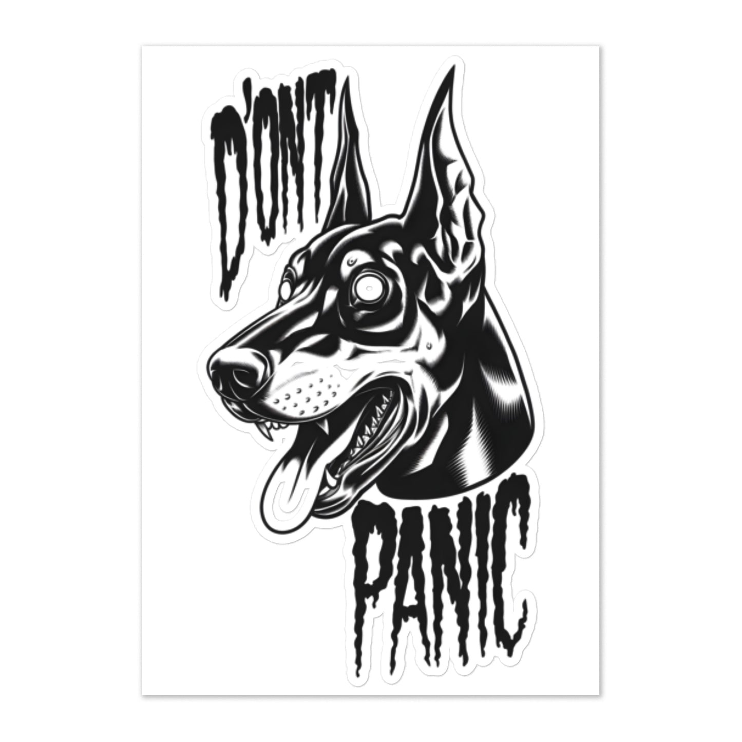 “Pegatina Grande de Doberman ‘Don’t Panic’ en Blanco y Negro”.