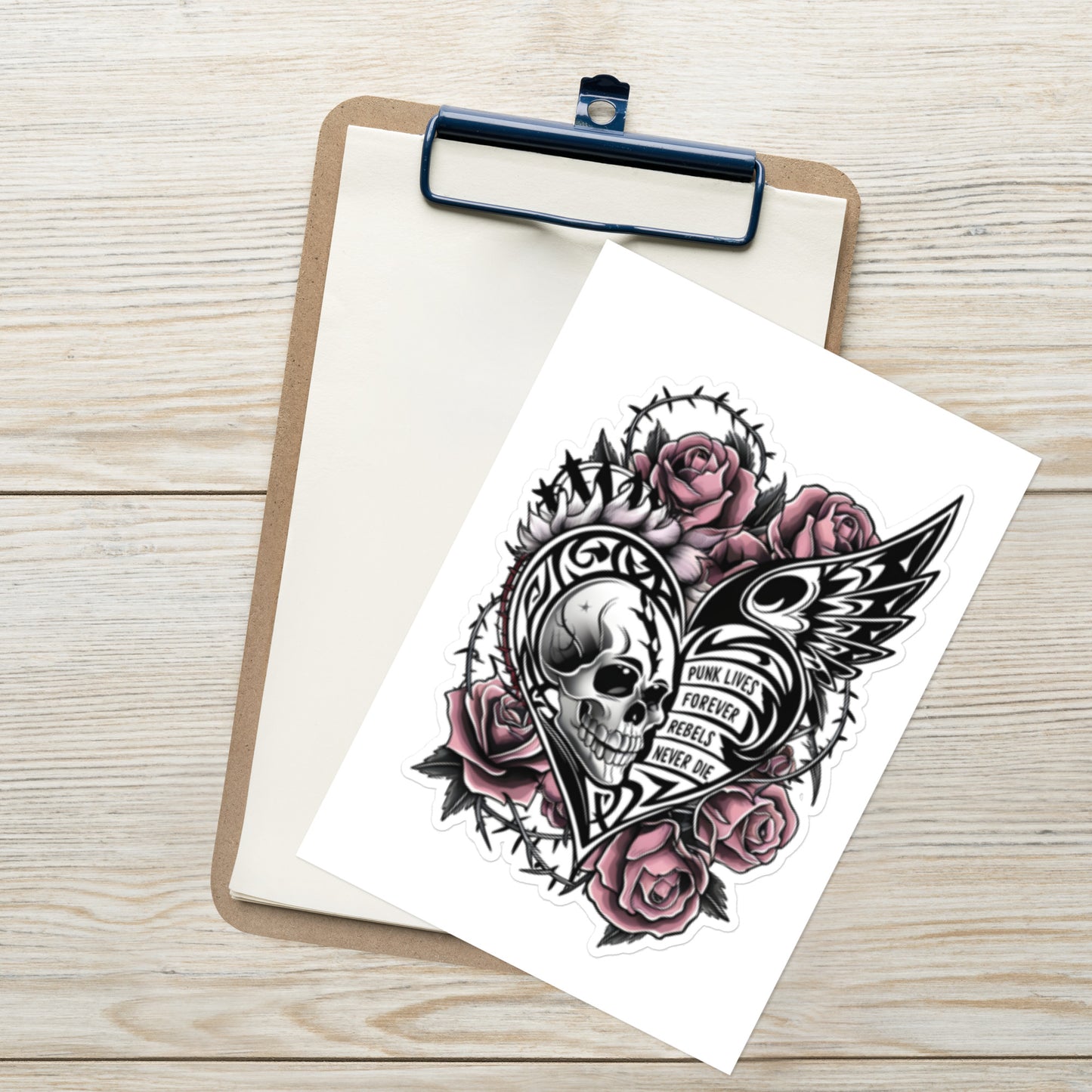 Pegatina Calavera Punk con Rosas y Alas - Arte Rebelde - Vinilo Grande Decorativo