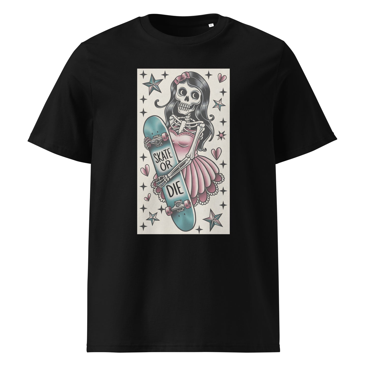 “Camiseta negra de calavera skater estilo retro - Skate or Die”